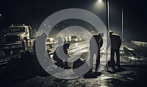 A crew of road workers repairing a highway at night