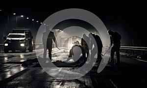 A crew of road workers repairing a highway at night