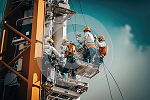 crew of technicians installing 5g antennas on tall building