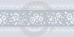 Crewel Embroidery Floral Lace Needlework Vector Seamless Pattern Horizontal Border . Hand Drawn Traditional Flower Print