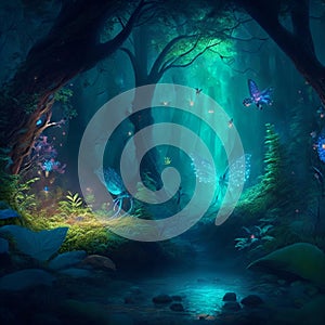 Enchanted forest with sparkles, mythical plants and creatures, magical animals, butterflies photo