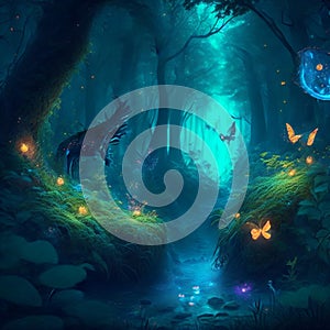 Enchanted forest with sparkles, mythical plants and creatures, magical animals, butterflies photo