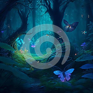 Enchanted forest with sparkles, mythical plants and creatures, magical animals, butterflies photo
