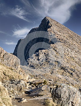 Crib Goch mountain,viewed from beneath the summit of Mount Snowdon,Wales,United Kingdom