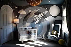 A Crib In A Space Themed Room. Generative AI photo