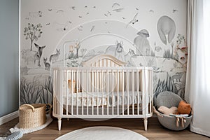 crib surrounded by animal friends in baby room