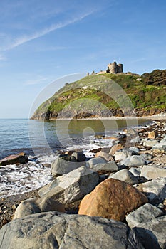 Criccieth Wales UK historic coastal town in summer with blue sky on a beautiful day
