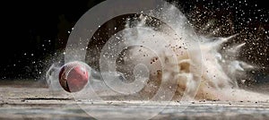 Cricket action ball hitting bat, powerful shot frozen in time with space for text