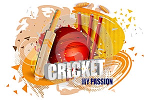 Cricket background with bat, ball and stump wicket