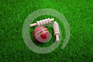 Cricket ball and bails on green grass