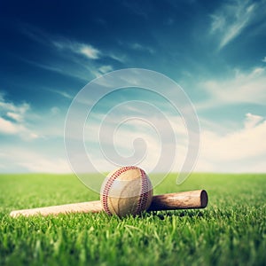 Cricket ball and bat on green grass with blue sky background - Ai Generated