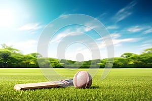 Cricket ball and bat on green grass with blue sky background - Ai Generated