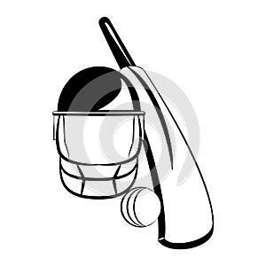 Cricket ball and bat with helmet in black and white