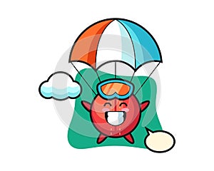 Cricket ball cartoon is skydiving with happy gesture