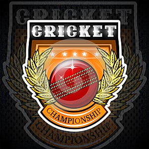 Cricket ball in center of golden wreath on the shield. Sport logo for any team