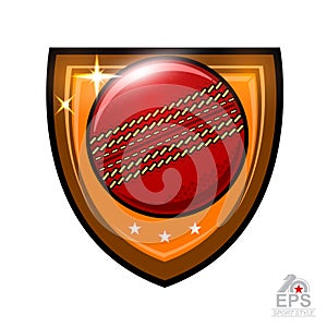 Cricket ball in center of shield isolated on white. Sport logo for any team or championship