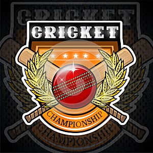 Cricket ball with crossed clubs in center of golden wreath on the shield. Sport logo for any team