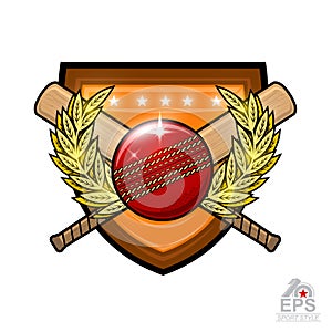 Cricket ball with crossed clubs in center of golden wreath on the shield. Sport logo for any team or championship on white