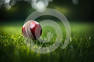 Cricket ball on the grass. Ball is on focus