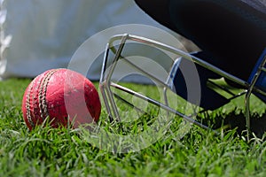 Cricket ball on grass. Helmet on grass. Cricket helmet isolated. Cricket equipments isolated on a white background