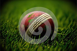 Cricket ball on Green Turf. Generative AI