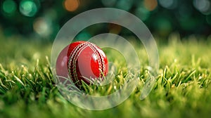 Cricket ball on Green Turf. Generative Ai