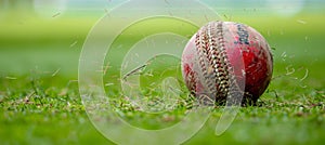 Cricket ball impact capturing energy and power, freezing dynamic action with copy space for text.