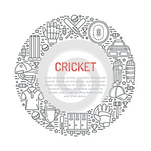 Cricket banner with line icons of ball, bat, field, wicket, helmet, apparel and other equipment. Vector circle