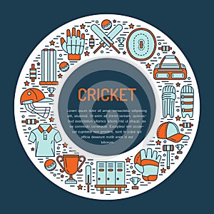 Cricket banner with line icons of ball, bat, field, wicket, helmet, apparel and other equipment. Vector circle