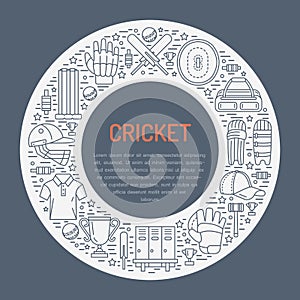 Cricket banner with line icons of ball, bat, field, wicket, helmet, apparel and other equipment. Vector circle