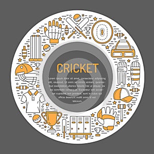 Cricket banner with line icons of ball, bat, field, wicket, helmet, apparel and other equipment. Vector circle