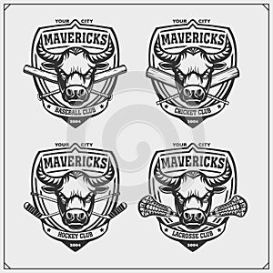 Cricket, baseball, lacrosse and hockey labels. Sport club emblems with bull. Mavericks club.