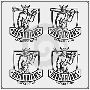 Cricket, baseball, lacrosse and hockey logos and labels. Sport club emblems with barbarian. Print design for t-shirt.