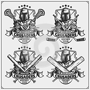 Cricket, baseball, lacrosse and hockey logos and labels. Sport club emblems with crusader.
