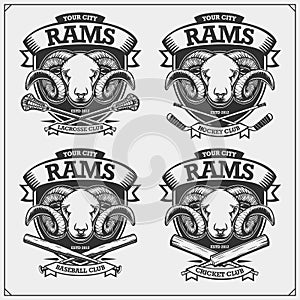 Cricket, baseball, lacrosse and hockey logos and labels. Sport club emblems with rams. Print design for t-shirt.