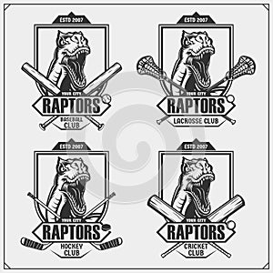 Cricket, baseball, lacrosse and hockey logos and labels. Sport club emblems with raptor dinosaur. Print design for t-shirt.