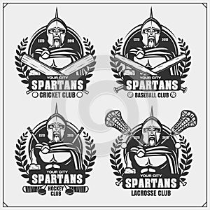 Cricket, baseball, lacrosse and hockey logos and labels. Sport club emblems with spartans.