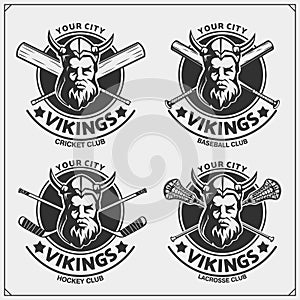 Cricket, baseball, lacrosse and hockey logos and labels. Sport club emblems with vikings. Print design for t-shirt.