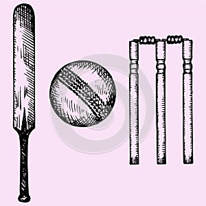 Cricket bat, ball, wicket