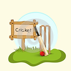 Cricket bat, ball and wicket stumps.