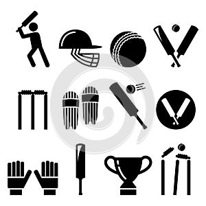 Cricket bat, man playing cricket, cricket equipment - sport icons set