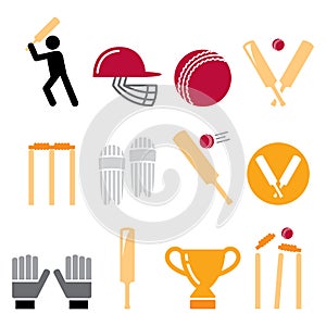 Cricket bat, man playing cricket, cricket equipment - sport vector icons set