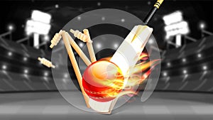 Cricket bat, stumps and ball in fire.