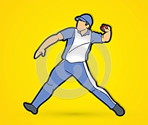 Cricket bowler sport player action cartoon graphic