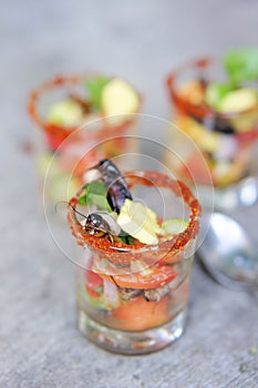 Cricket Ceviche served in a Shot Glass Rimmed with Insect Salt