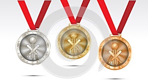 Cricket Champion Gold, Silver and Bronze Medal set with Red Ribbon Vector Illustration