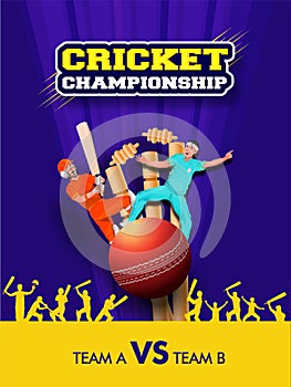 Cricket Championship template or flyer design with cricket equipments and cricket players