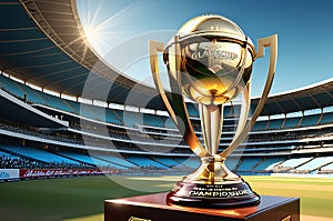 Cricket Championship Trophy Positioned Prominently in the Foreground: World Cup Inscription Gleaming