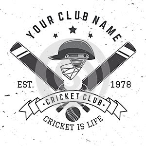 Cricket club badge. Vector. Concept for shirt, print, stamp or tee. Vintage typography design with cricket bat, helmet