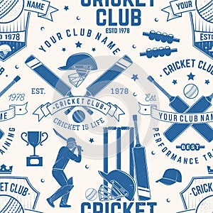 Cricket club seamless pattern or background. Vector. Seamless sport pattern with cricket ball, wicket, bail and helmet